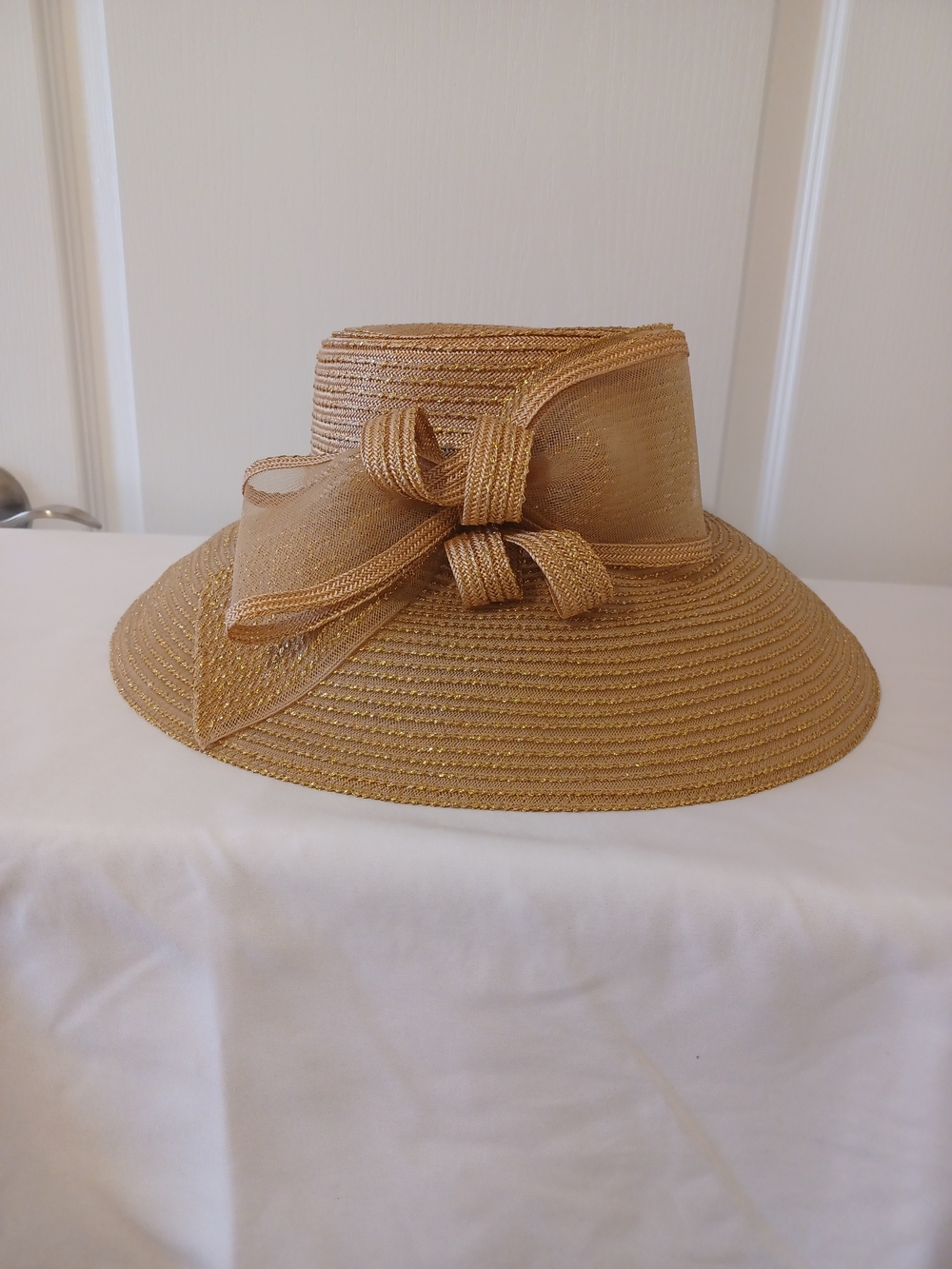 August Hats Metallic Gold Wide-Brim Straw Hat with Bow